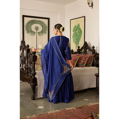 MEESA Blue Embroidered Chanderi Silk Kurta with Sharara and Dupatta (Set of 3)