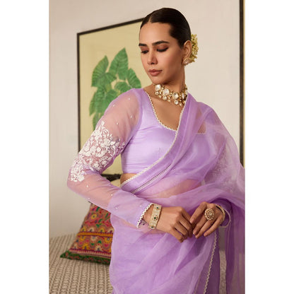 MEESA Lavender Embroidered Organza Saree with Stitched Blouse