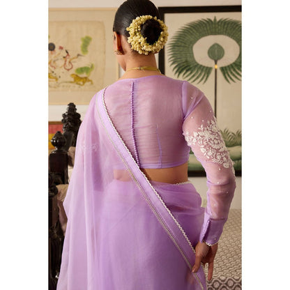 MEESA Lavender Embroidered Organza Saree with Stitched Blouse