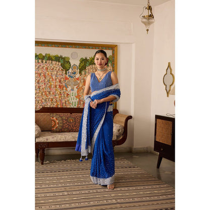 MEESA Blue Embroidered Crepe Saree with Stitched Blouse
