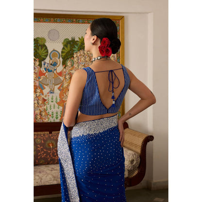 MEESA Blue Embroidered Crepe Saree with Stitched Blouse