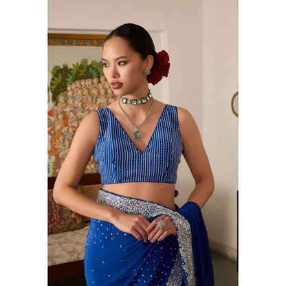 MEESA Blue Embroidered Crepe Saree with Stitched Blouse