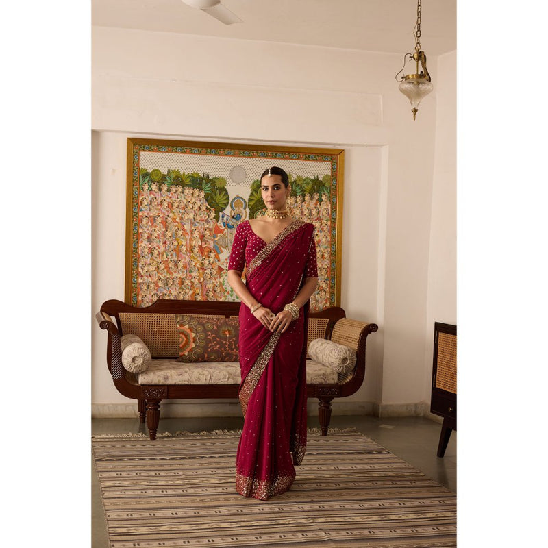 MEESA Maroon Embroidered Crepe Saree with Stitched Blouse
