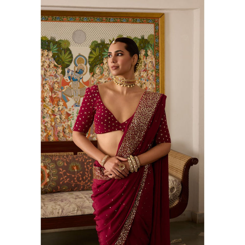 MEESA Maroon Embroidered Crepe Saree with Stitched Blouse