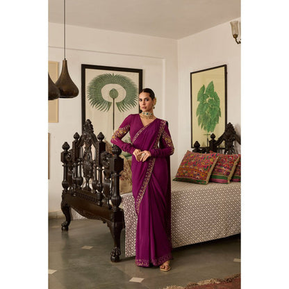 MEESA Purple Embroidered Crepe Saree with Stitched Blouse