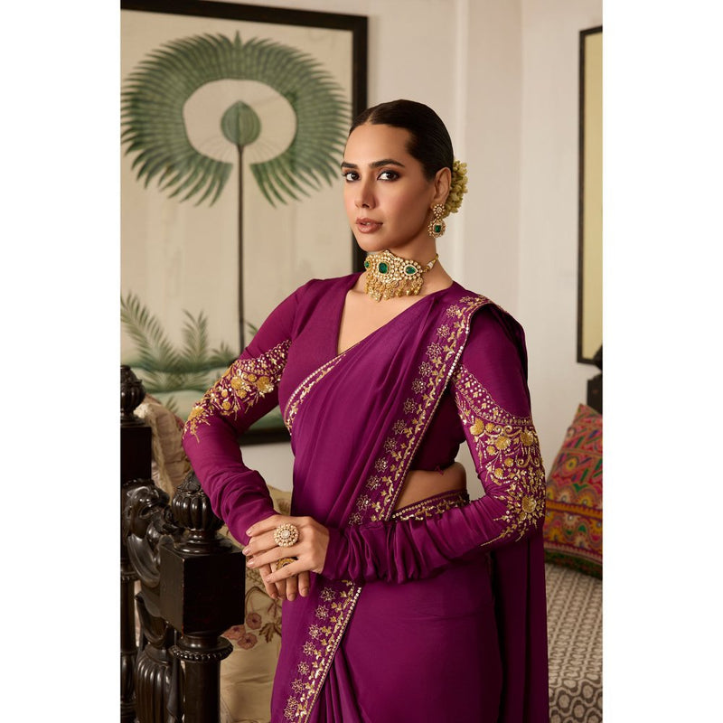 MEESA Purple Embroidered Crepe Saree with Stitched Blouse