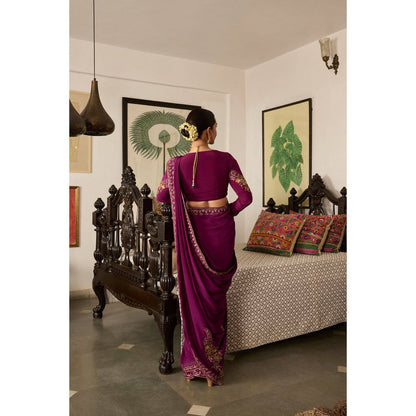MEESA Purple Embroidered Crepe Saree with Stitched Blouse