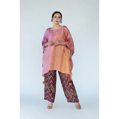 Meghna Panchmatia Peach Mauve Ombre Kaftan Top with Zigzag Pants (Set of 2)