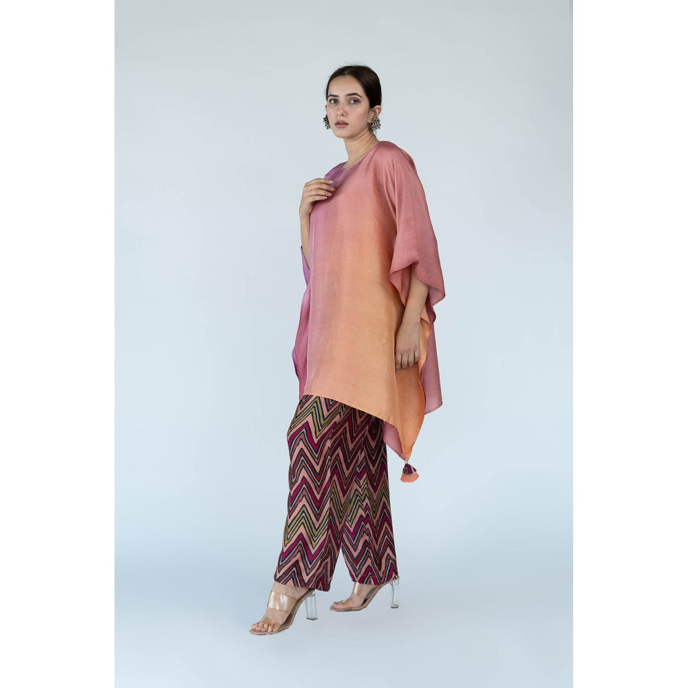 Meghna Panchmatia Peach Mauve Ombre Kaftan Top with Zigzag Pants (Set of 2)