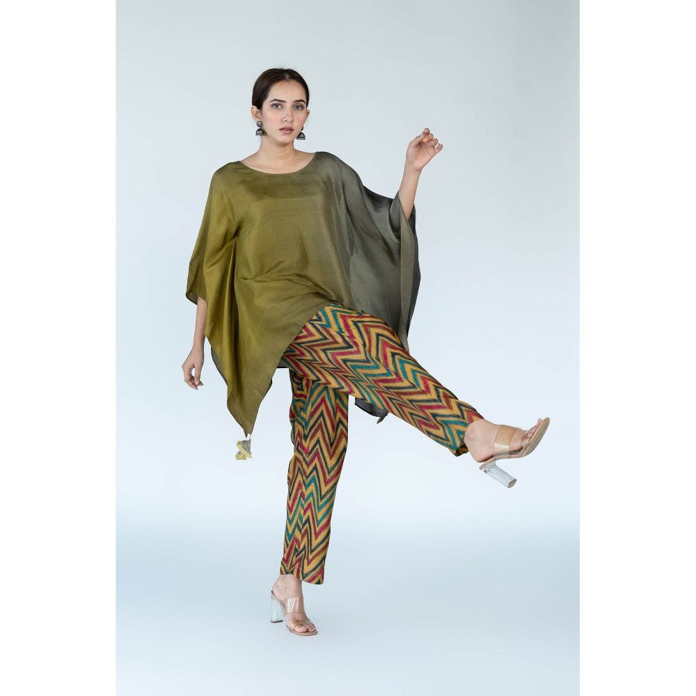 Meghna Panchmatia Olive Ombre Kaftan Top with Zigzag Pants (Set of 2)