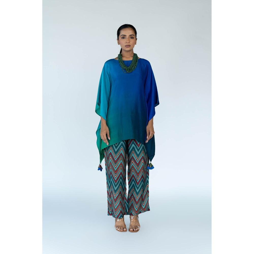 Meghna Panchmatia Blue Ombre Kaftan Top with Zigzag Pants (Set of 2)