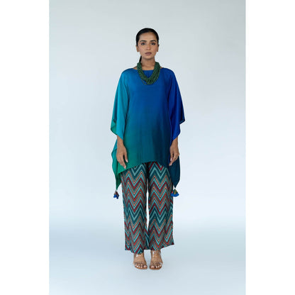 Meghna Panchmatia Blue Ombre Kaftan Top with Zigzag Pants (Set of 2)