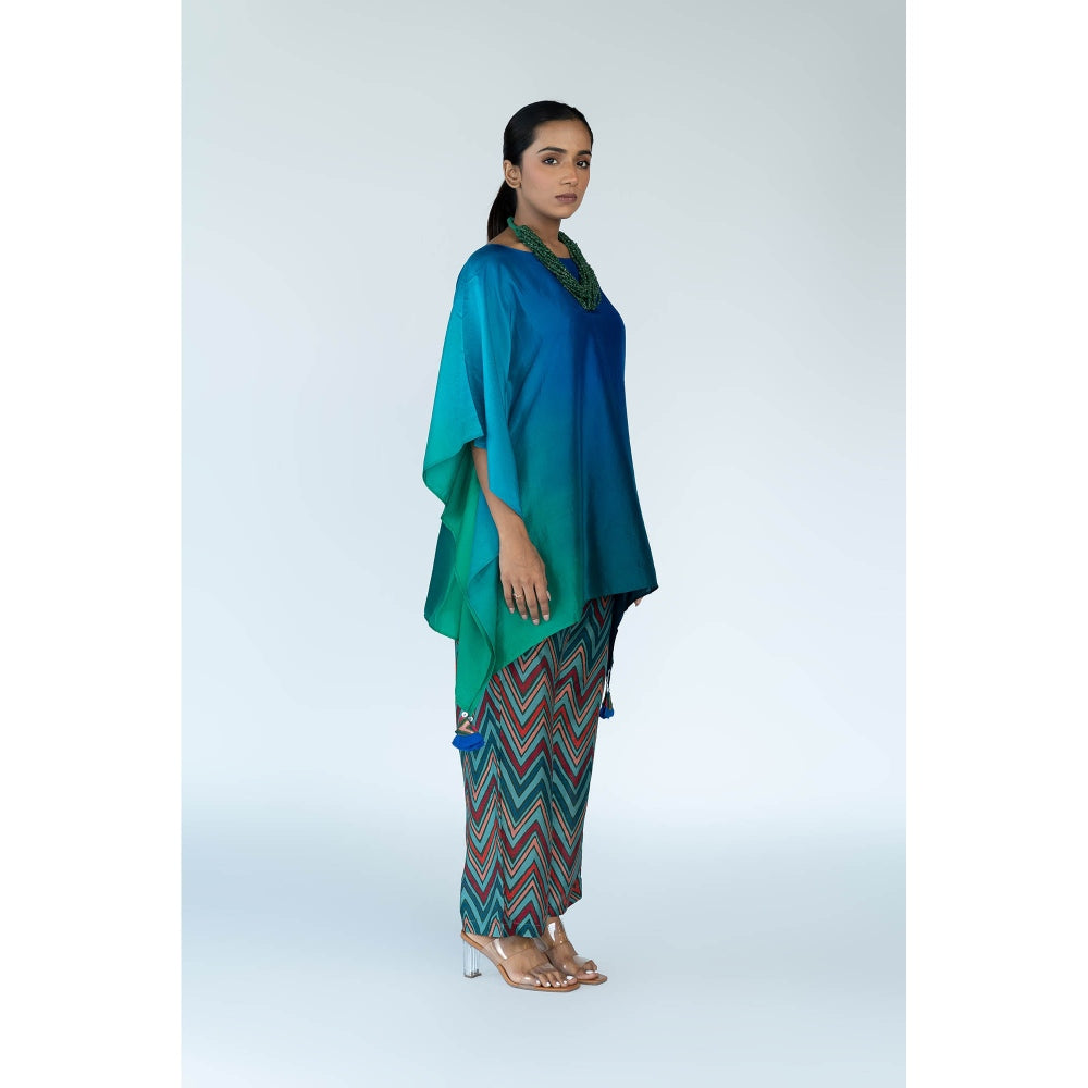 Meghna Panchmatia Blue Ombre Kaftan Top with Zigzag Pants (Set of 2)