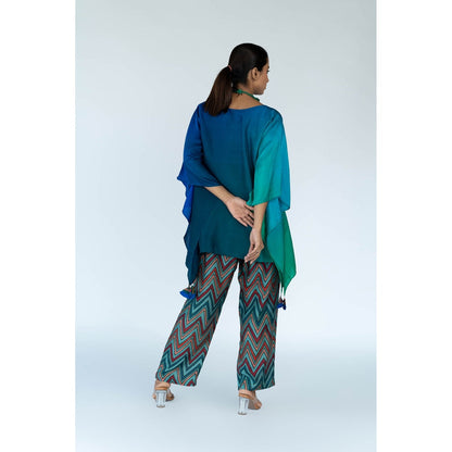 Meghna Panchmatia Blue Ombre Kaftan Top with Zigzag Pants (Set of 2)