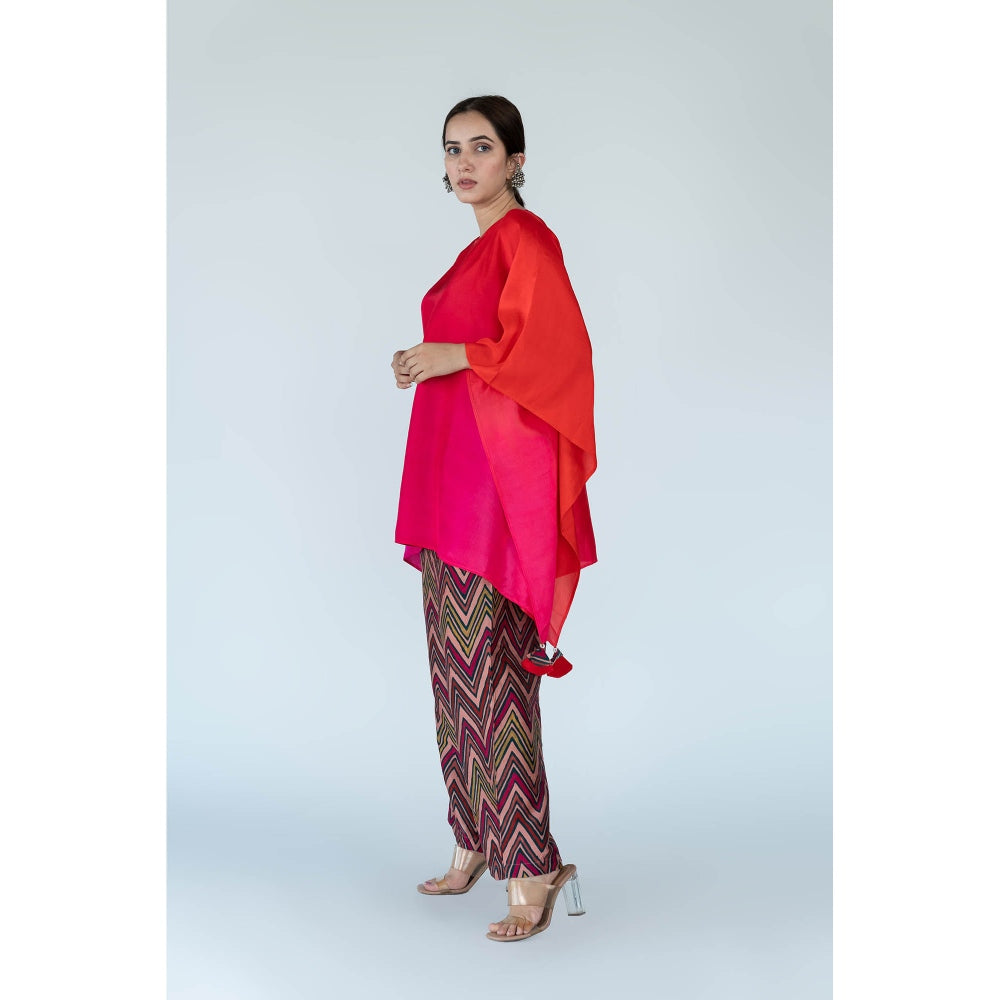 Meghna Panchmatia Fuschia Red Ombre Kaftan Top with Zigzag Pants (Set of 2)