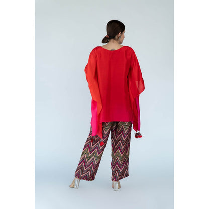 Meghna Panchmatia Fuschia Red Ombre Kaftan Top with Zigzag Pants (Set of 2)