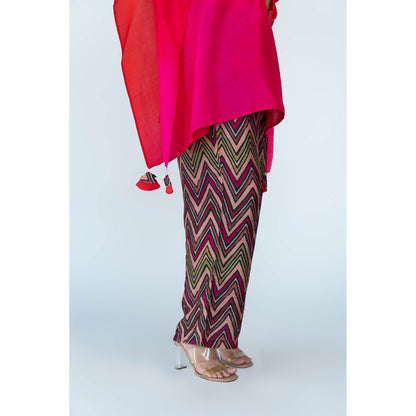 Meghna Panchmatia Fuschia Red Ombre Kaftan Top with Zigzag Pants (Set of 2)