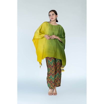 Meghna Panchmatia Sage Mustard Ombre Kaftan Top with Zigzag Pants (Set of 2)