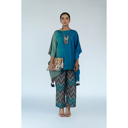 Meghna Panchmatia Teal Blue Ombre Kaftan Top with Zigzag Pants (Set of 2)