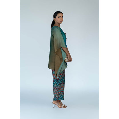Meghna Panchmatia Teal Blue Ombre Kaftan Top with Zigzag Pants (Set of 2)