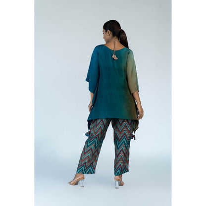 Meghna Panchmatia Teal Blue Ombre Kaftan Top with Zigzag Pants (Set of 2)