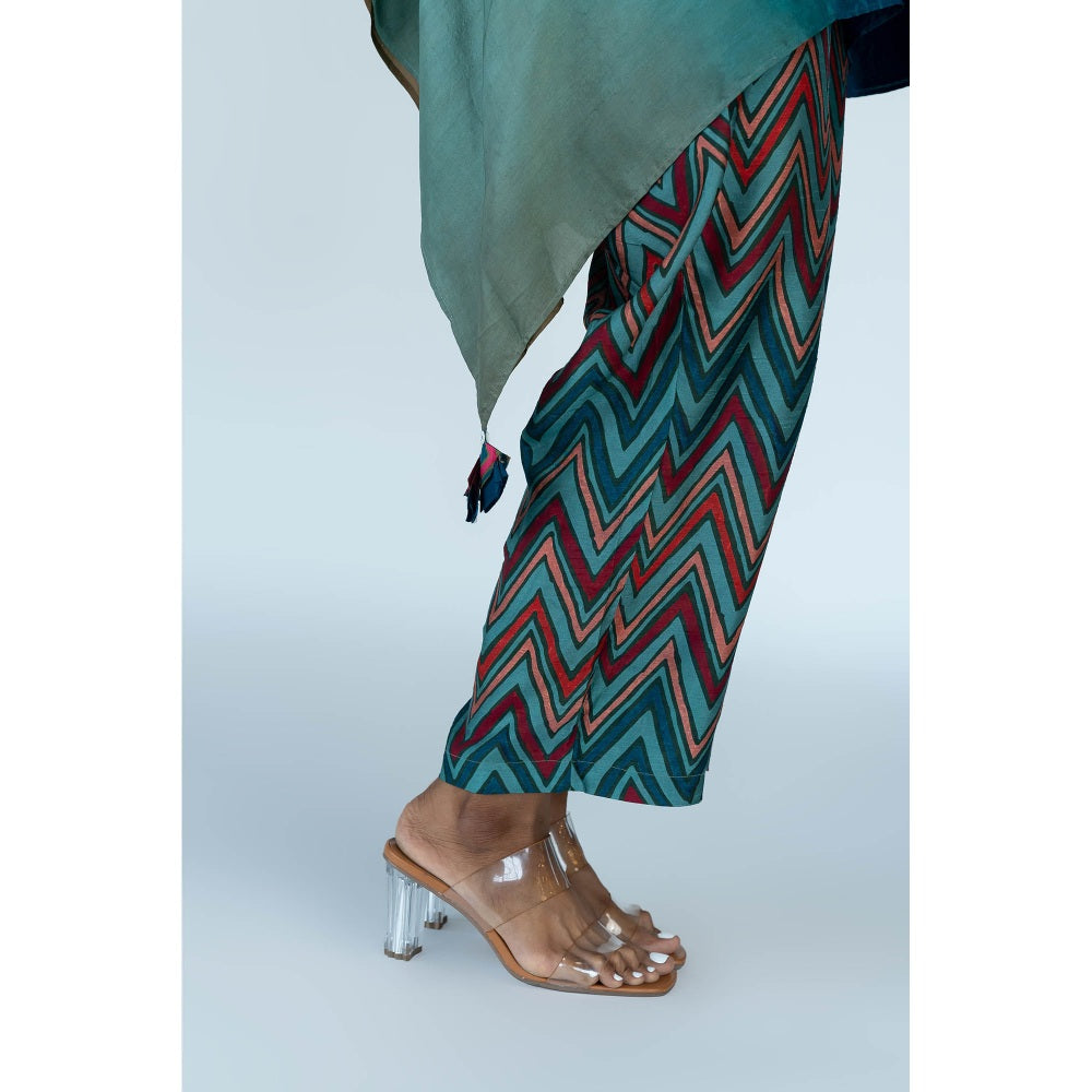 Meghna Panchmatia Teal Blue Ombre Kaftan Top with Zigzag Pants (Set of 2)