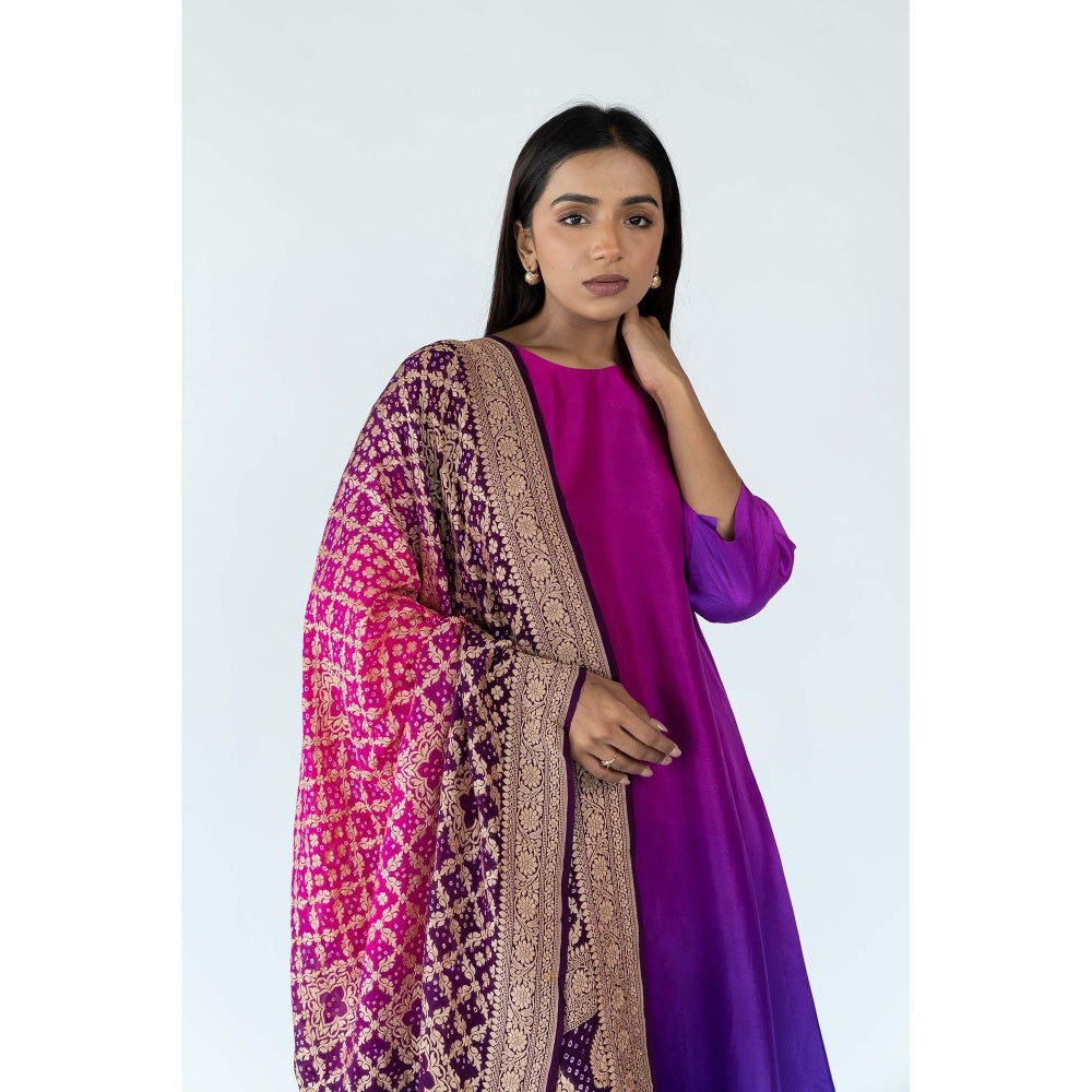Meghna Panchmatia Burgundy Ombre Kurta with Bandhej Dupatta (Set of 2)