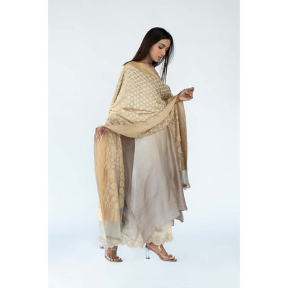 Meghna Panchmatia Beige Ombre Kurta with Bandhej Dupatta (Set of 2)