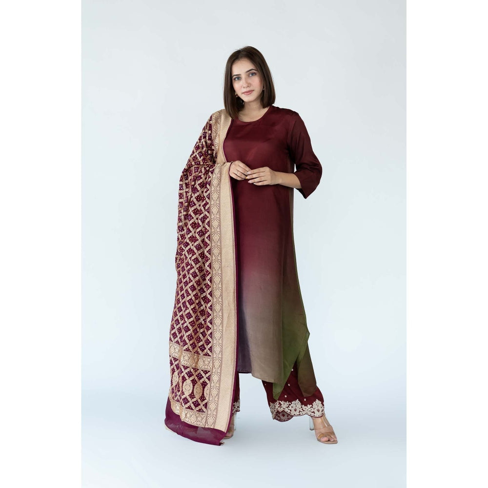 Meghna Panchmatia Maroon Ombre Kurta with Bandhej Dupatta (Set of 2)