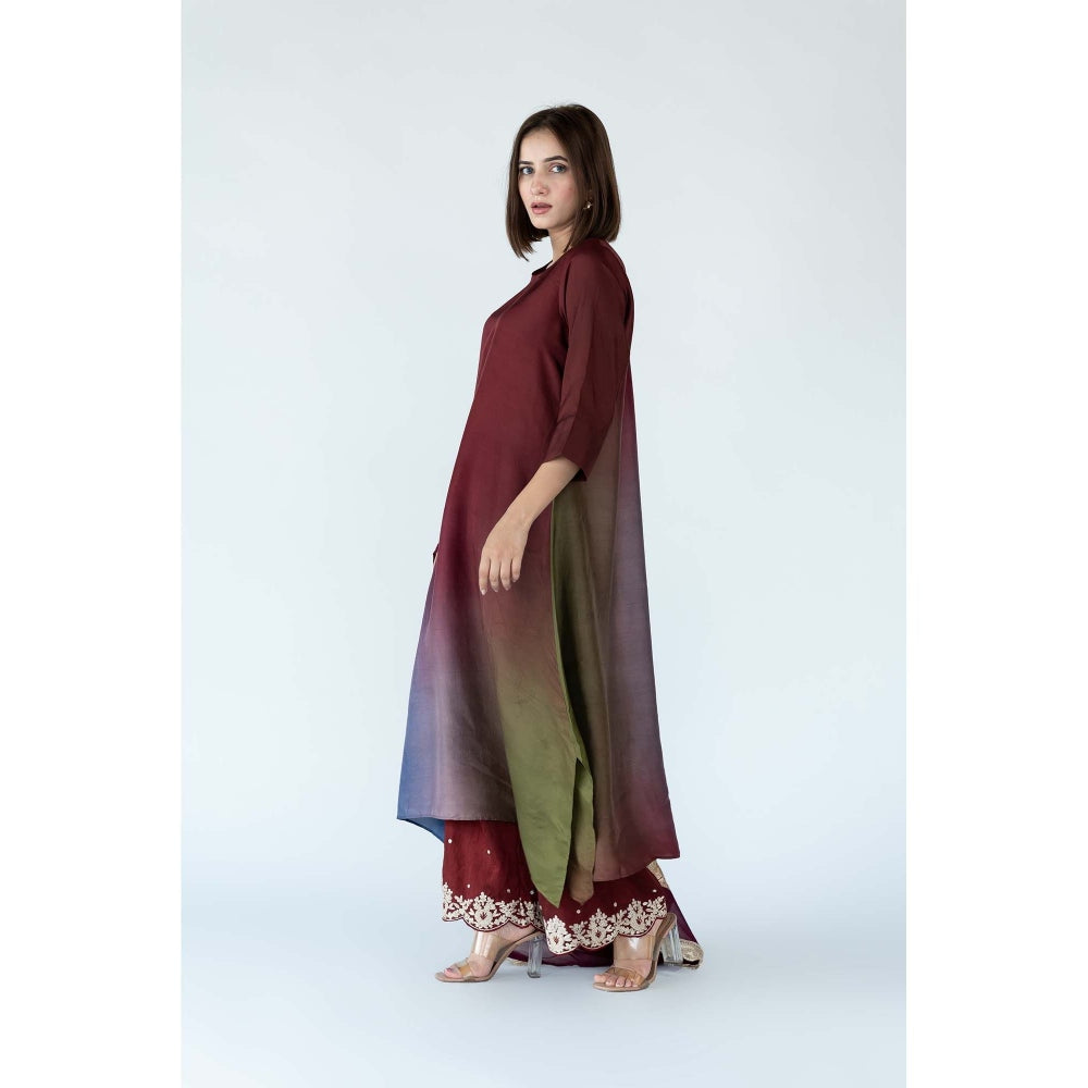 Meghna Panchmatia Maroon Ombre Kurta with Bandhej Dupatta (Set of 2)