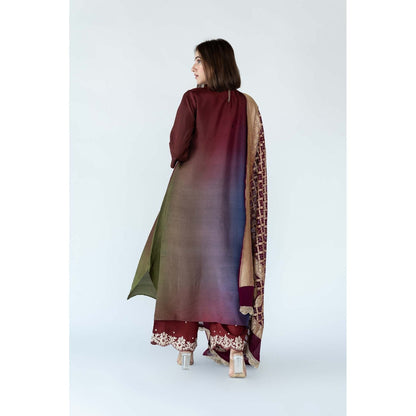 Meghna Panchmatia Maroon Ombre Kurta with Bandhej Dupatta (Set of 2)