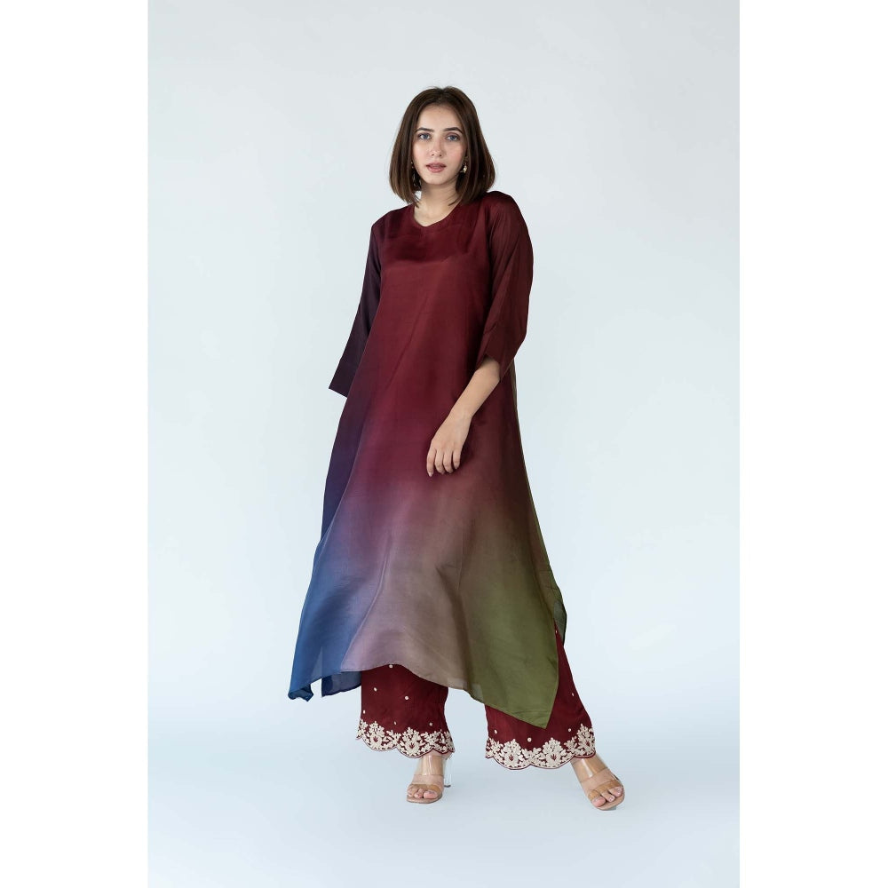Meghna Panchmatia Maroon Ombre Kurta with Bandhej Dupatta (Set of 2)