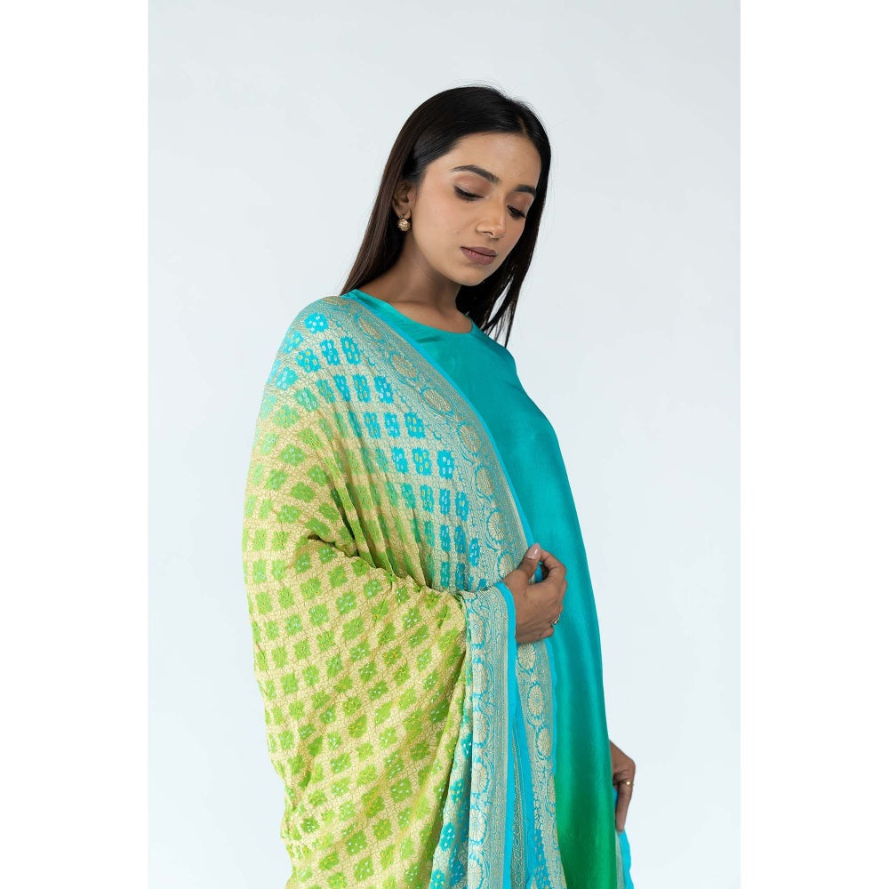 Meghna Panchmatia Green Peacock Ombre Kurta with Bandhej Dupatta (Set of 2)