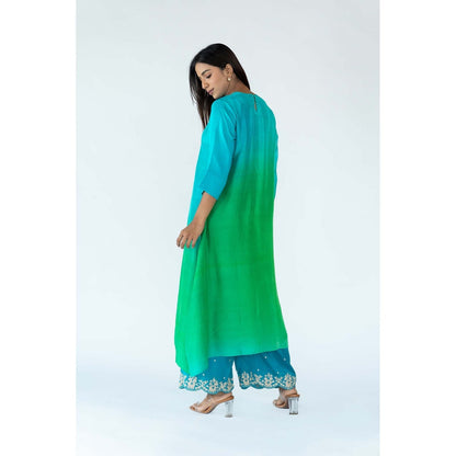 Meghna Panchmatia Green Peacock Ombre Kurta with Bandhej Dupatta (Set of 2)
