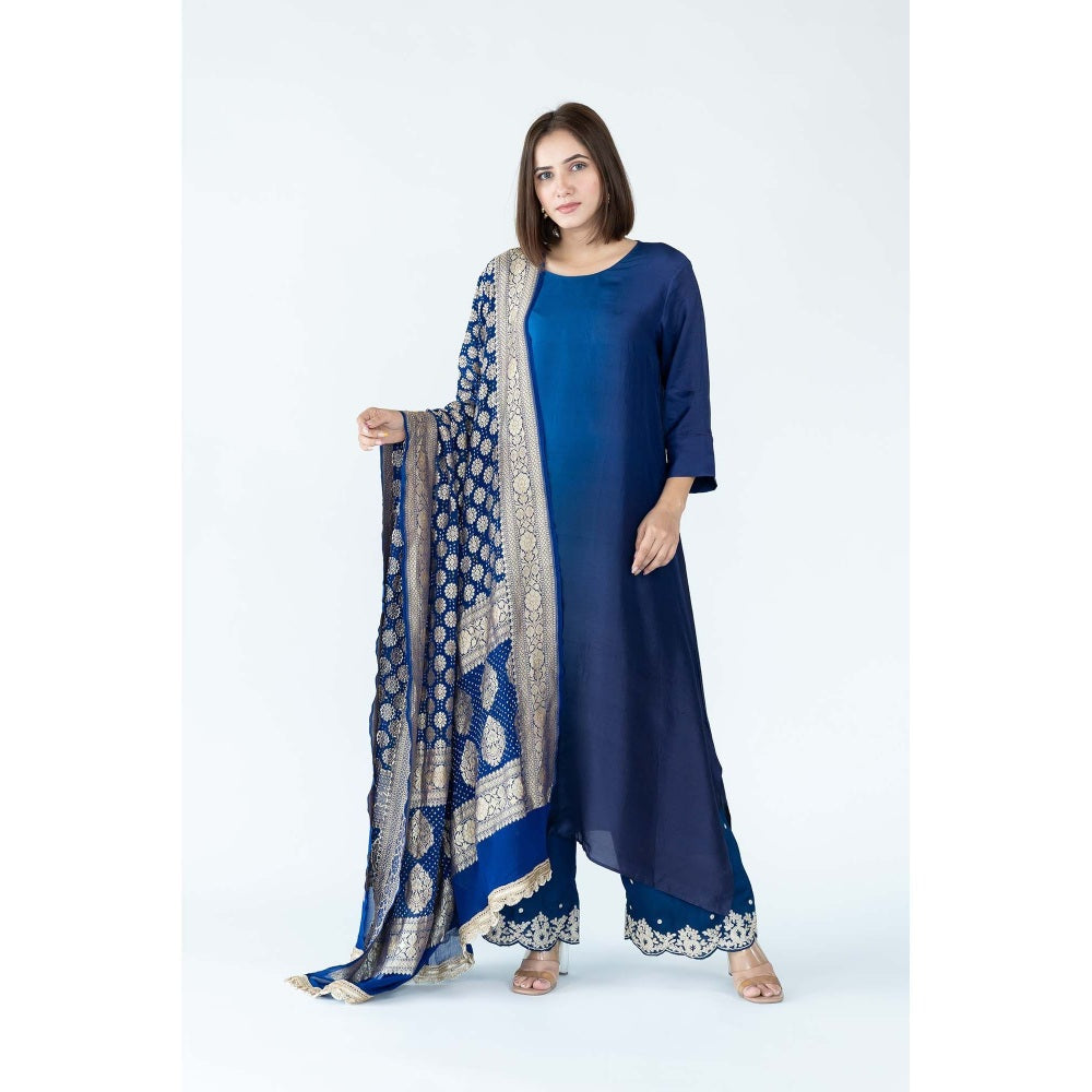 Meghna Panchmatia Royal Blue Ombre Kurta with Bandhej Dupatta (Set of 2)