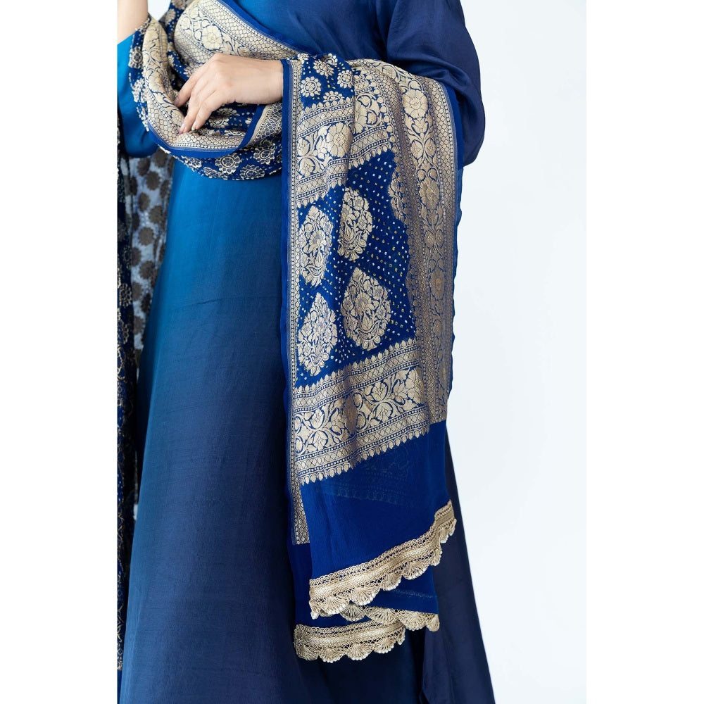 Meghna Panchmatia Royal Blue Ombre Kurta with Bandhej Dupatta (Set of 2)