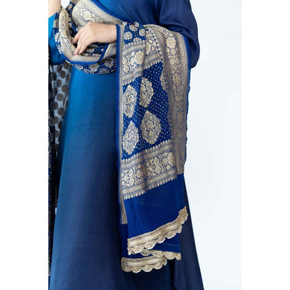 Meghna Panchmatia Royal Blue Ombre Kurta with Bandhej Dupatta (Set of 2)