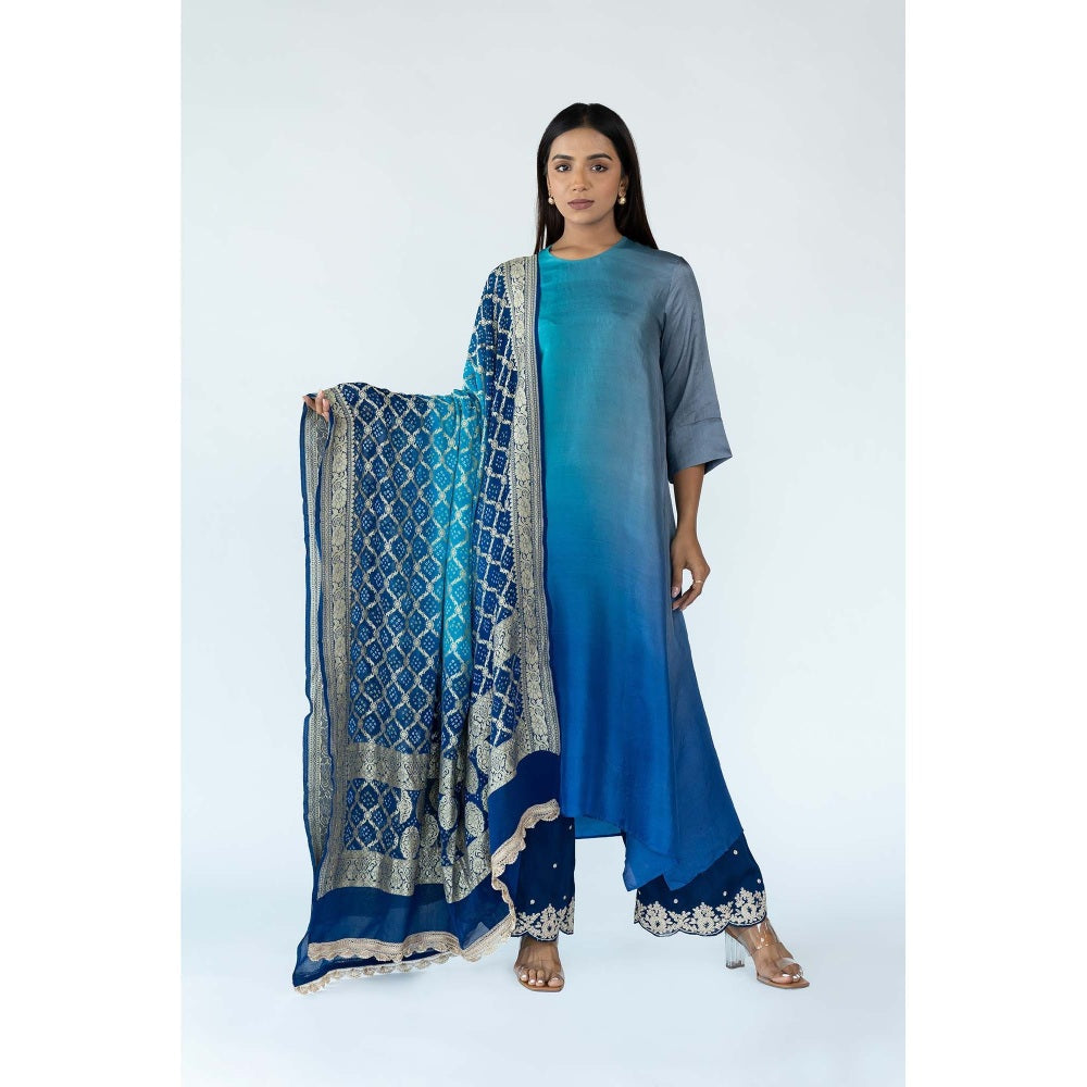Meghna Panchmatia Blue Ombre Kurta with Bandhej Dupatta (Set of 2)
