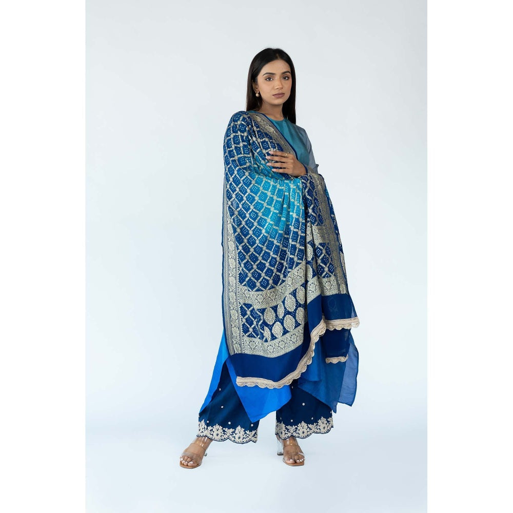 Meghna Panchmatia Blue Ombre Kurta with Bandhej Dupatta (Set of 2)
