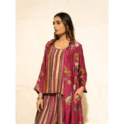 Meghna Panchmatia Pink Floral Art Jacket with Top and Pant (Set of 3)