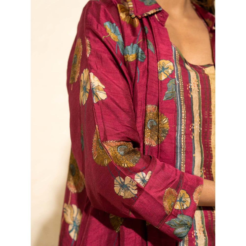 Meghna Panchmatia Pink Floral Art Jacket with Top and Pant (Set of 3)