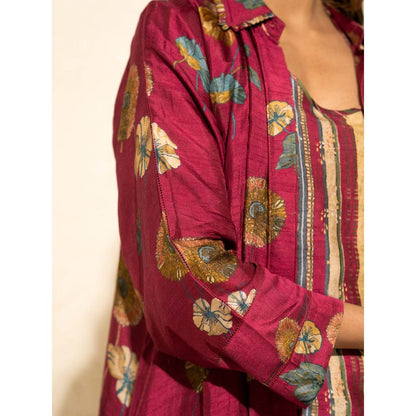 Meghna Panchmatia Pink Floral Art Jacket with Top and Pant (Set of 3)