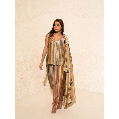 Meghna Panchmatia Beige Floral Art Jacket with Top and Pant (Set of 3)