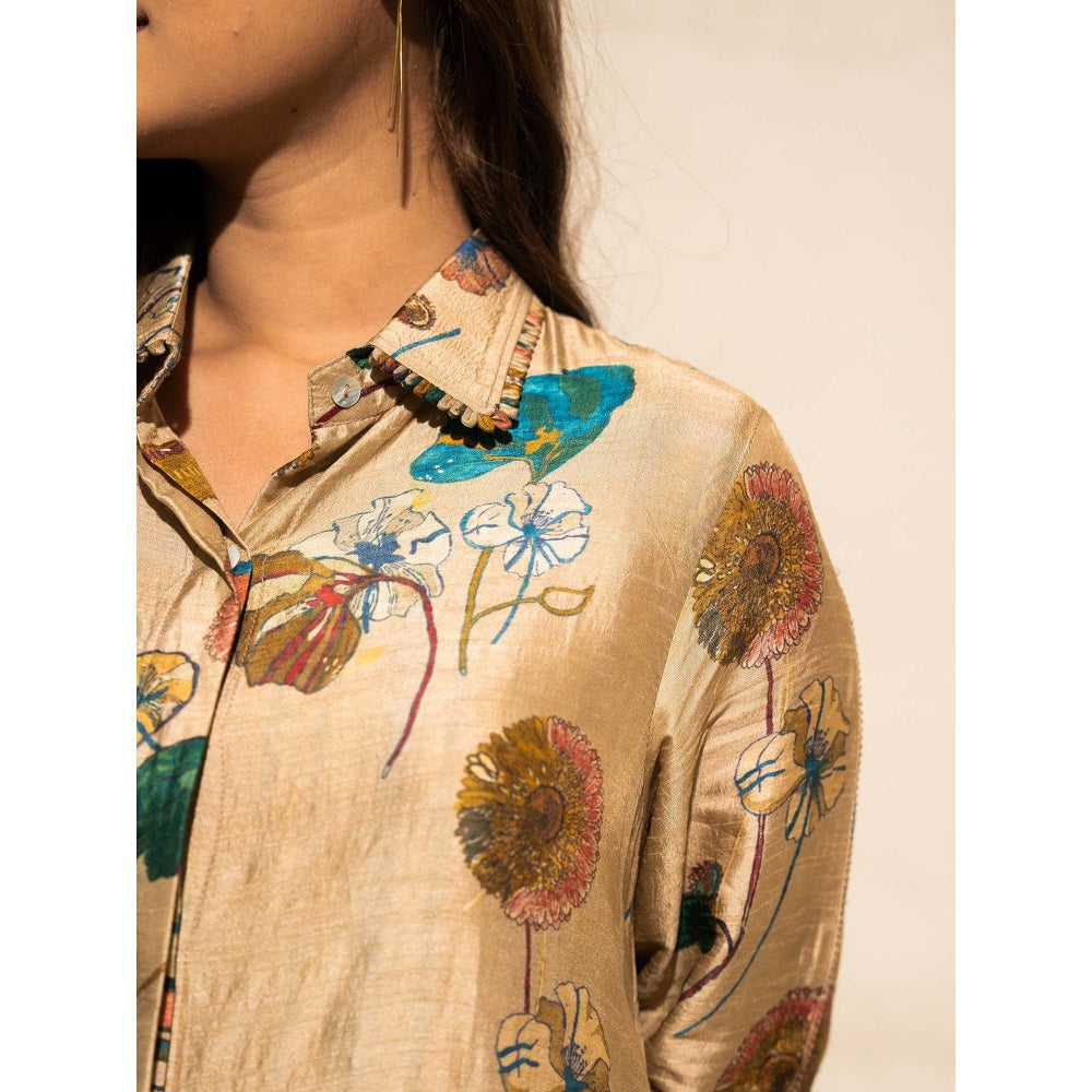 Meghna Panchmatia Beige Floral Art Jacket with Top and Pant (Set of 3)