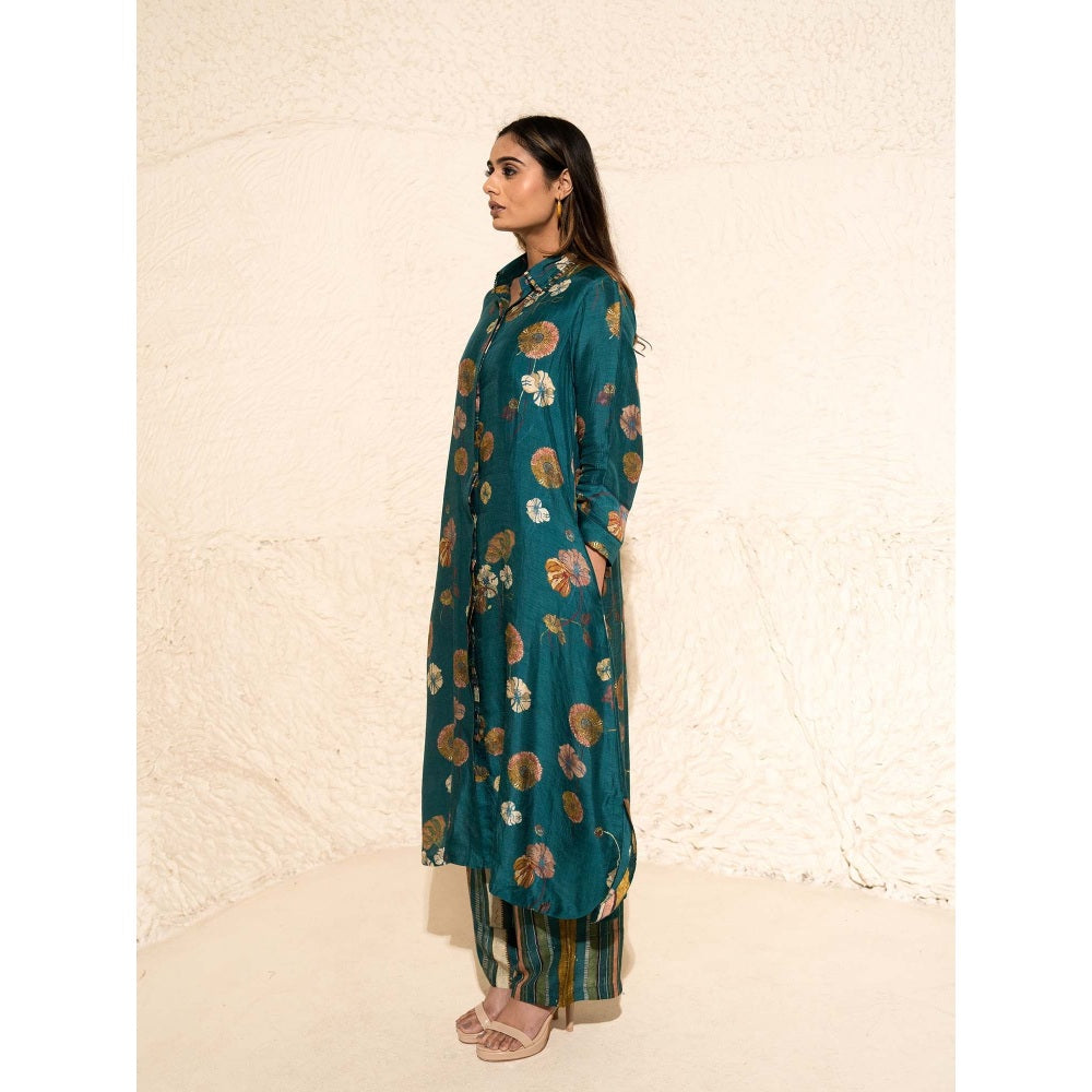 Meghna Panchmatia Green Floral Art Jacket with Top and Pant (Set of 3)