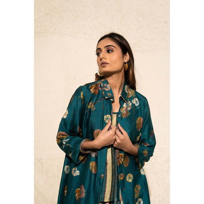 Meghna Panchmatia Green Floral Art Jacket with Top and Pant (Set of 3)