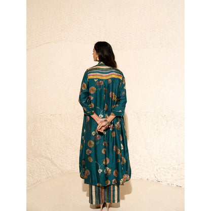 Meghna Panchmatia Green Floral Art Jacket with Top and Pant (Set of 3)