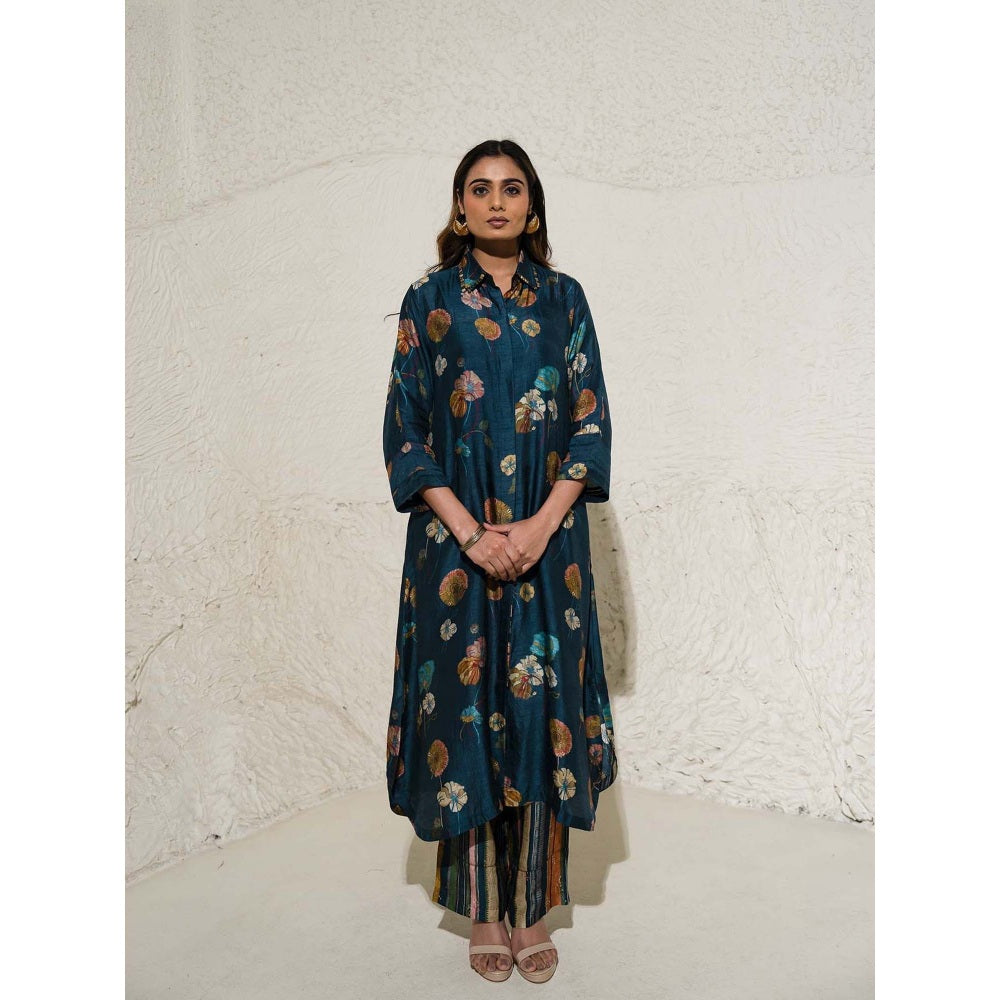 Meghna Panchmatia Navy Blue Floral Art Jacket with Top and Pant (Set of 3)