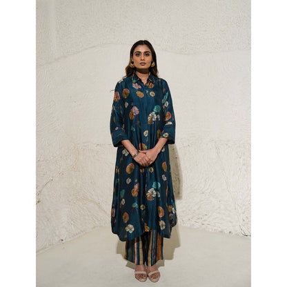 Meghna Panchmatia Navy Blue Floral Art Jacket with Top and Pant (Set of 3)