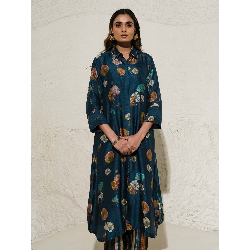Meghna Panchmatia Navy Blue Floral Art Jacket with Top and Pant (Set of 3)